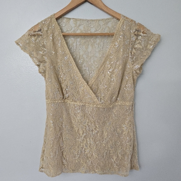 Y2K Vintage Babydoll Crossover Lace Sheer Top Size M Coquette Fairy Girly *hole - Picture 1 of 12